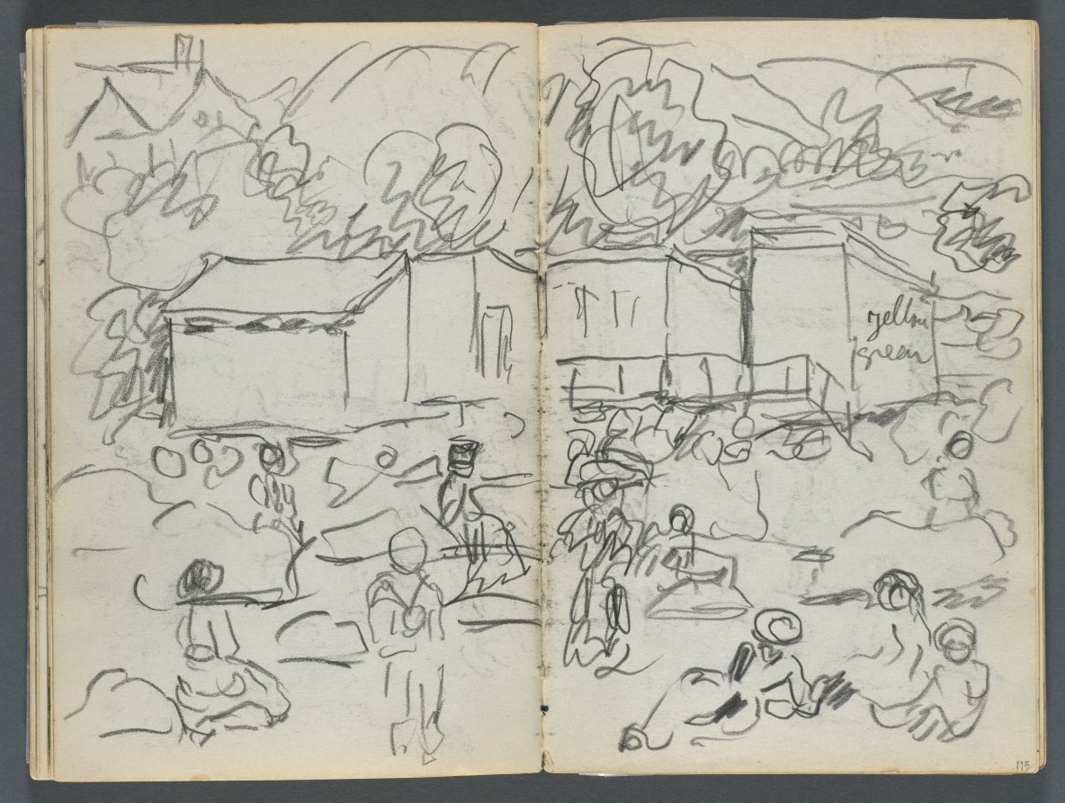 Maurice Prendergast — Sketchbook, The Dells, N° 127, page 114 & 115: Landscape with Figures and Buildings