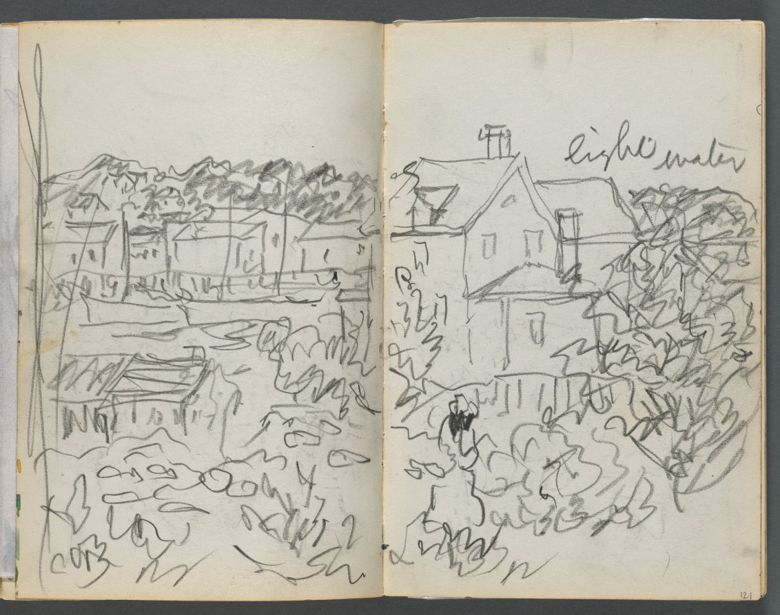 Maurice Prendergast — Sketchbook, The Dells, N° 127, page 120 & 121: Landscape with Houses