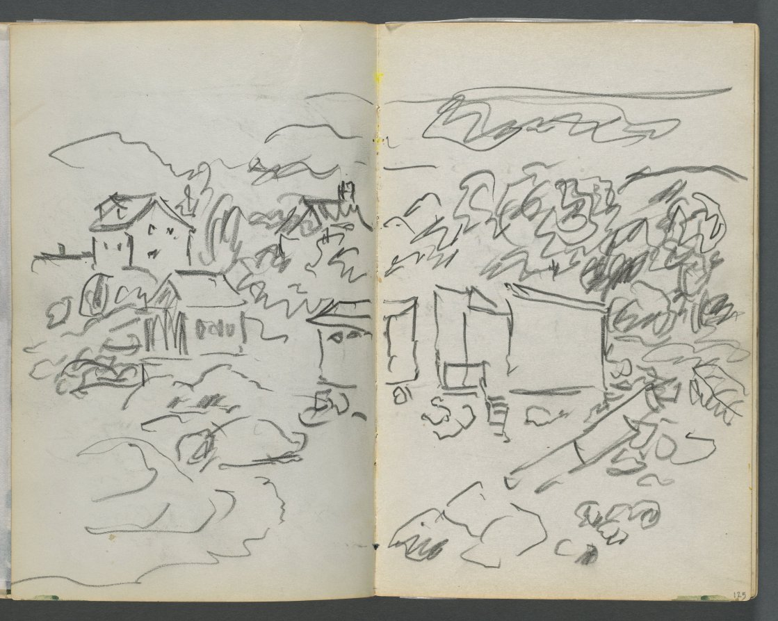 Maurice Prendergast — Sketchbook, The Dells, N° 127, page 124 & 125: Landscape with Houses