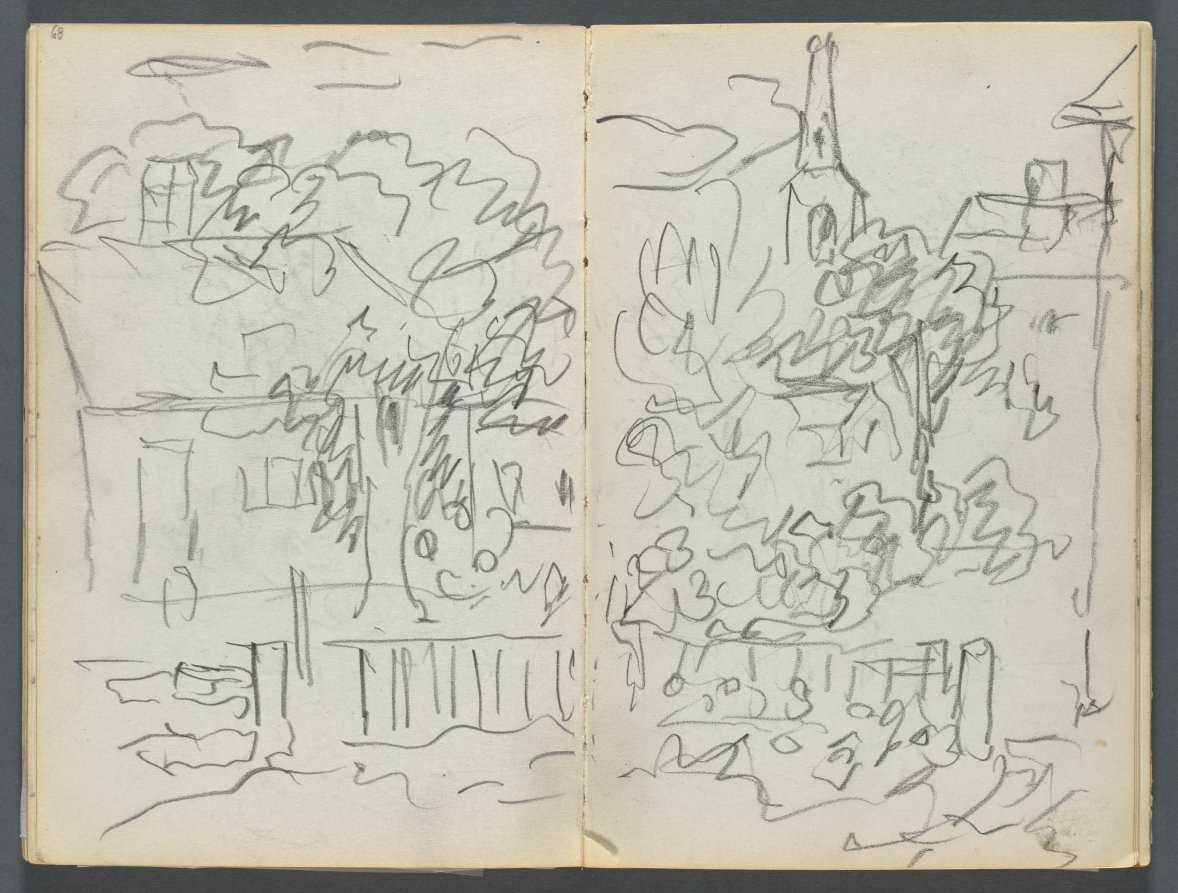 Maurice Prendergast — Sketchbook, The Dells, N° 127, page 084 & 85: Landscape with Houses and Spire 