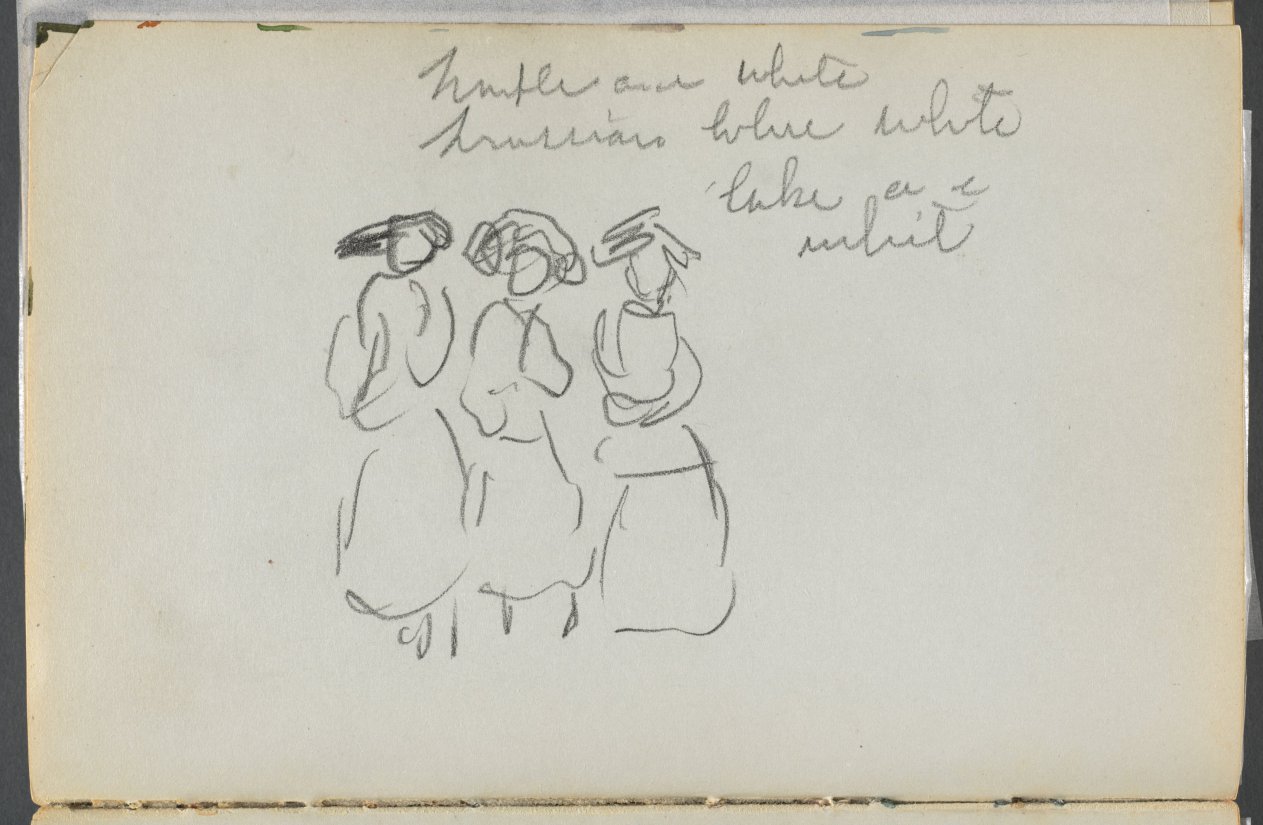 Maurice Prendergast — Sketchbook, The Dells, N° 127, page 140: Three Figues with Color Notations 