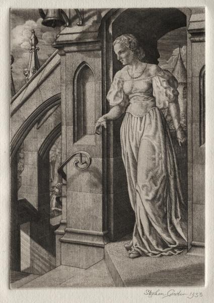 Illustration for "Peronnik the Fool":  Redemonde on the Staircase