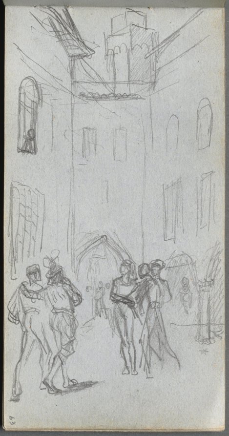 Ernest Meissonier — Sketchbook, page 63: Figures in a Courtyard