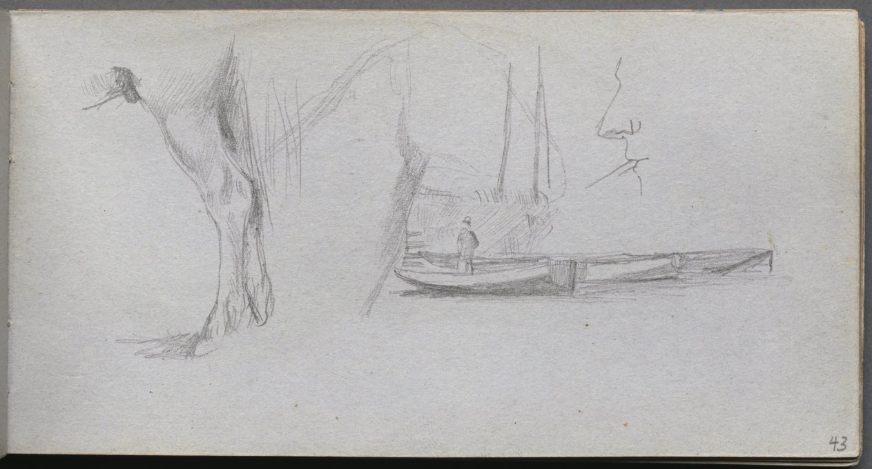Ernest Meissonier — Sketchbook, page 43: Studies: Horse's leg, Figure in a Boat, and Profile
