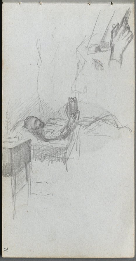 Ernest Meissonier — Sketchbook, page 71: Study of a Figure Reading in Bed, Study of a Hand