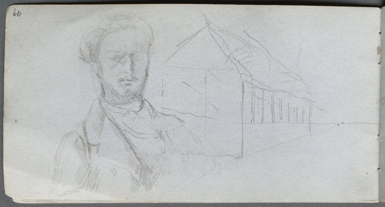 Ernest Meissonier — Sketchbook, page 99: Study of Figure, Building