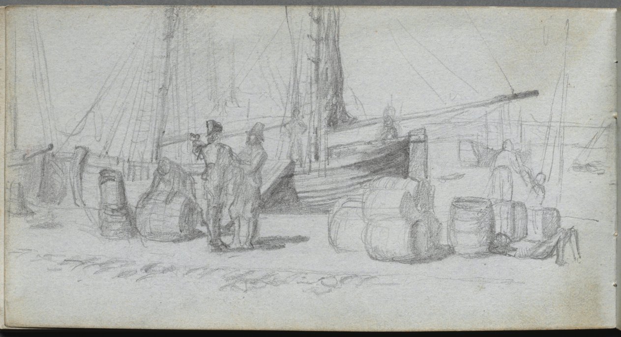 Ernest Meissonier — Sketchbook, page 50: Boats, Figures, Cargo on a Beach