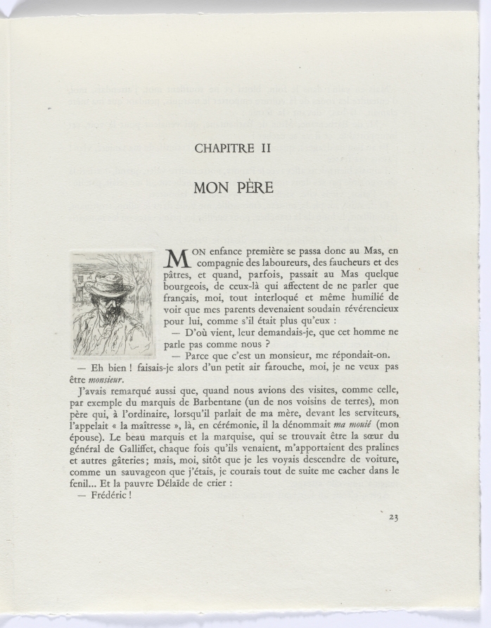 Auguste Brouet — Frédéric Mistral: Mémoires et Recits by Frédéric Mistral: bust of man with hat (page 23)