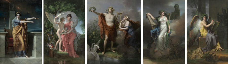 Polyhymnia, Muse of Eloquence; Erato, Muse of Lyrical Poetry; Apollo, God of Light, Eloquence, Poetry and the Fine Arts with Urania, Muse of Astronomy; Calliope, Muse of Epic Poetry; Clio, Muse of History