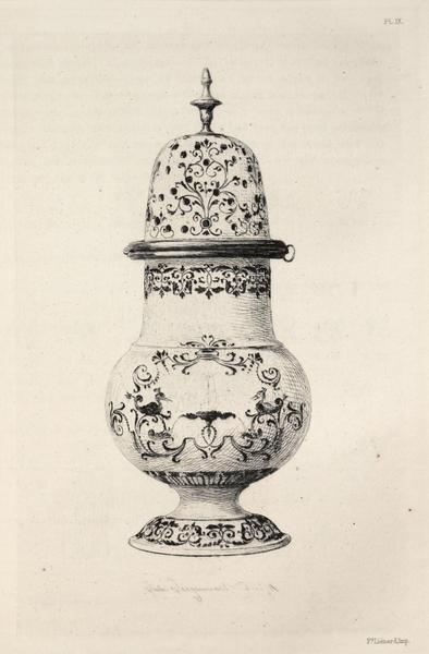 History of the Ceramic Art: A Descriptive and Philosophical Study of the Pottery of All Ages and All Nations: France: Moustieres- Sugar Caster, Blue Decoration (Plate IX)