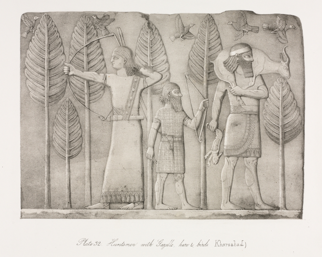 Austen Henry Layard — Monuments of Ninevah: Plate 32, Huntsmen with Gazelle, Hare and Birds (Khorsabad)