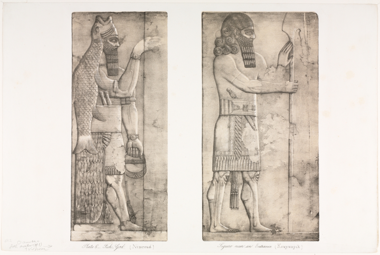 Austen Henry Layard — Monuments of Ninevah: Plate 6, Fish-god (Nimroud); Figure near an Entrance (Kouyunjik)