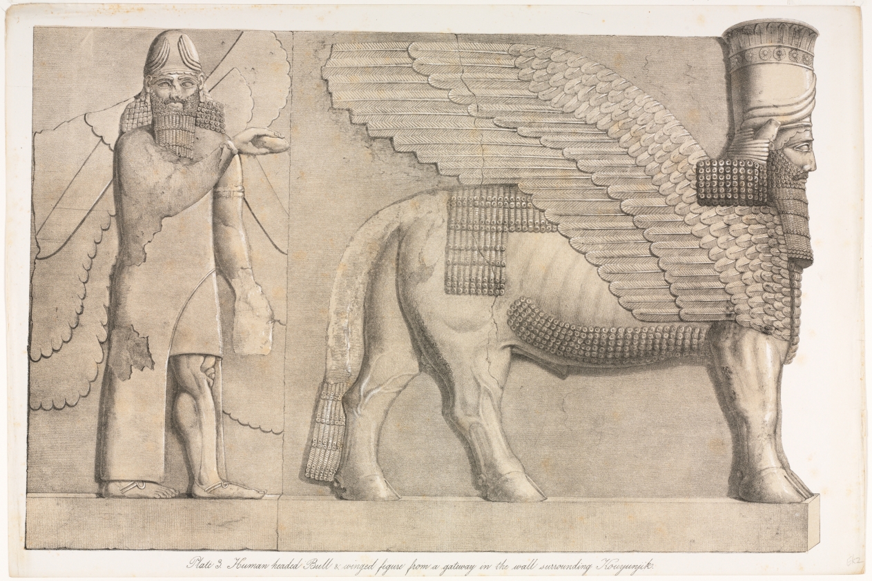 Austen Henry Layard — Monuments of Ninevah: Plate 3, Human-headed Bull and Winged Figure from a Gateway in the Wall Surrounding Kouyunjik (Quyunjik)