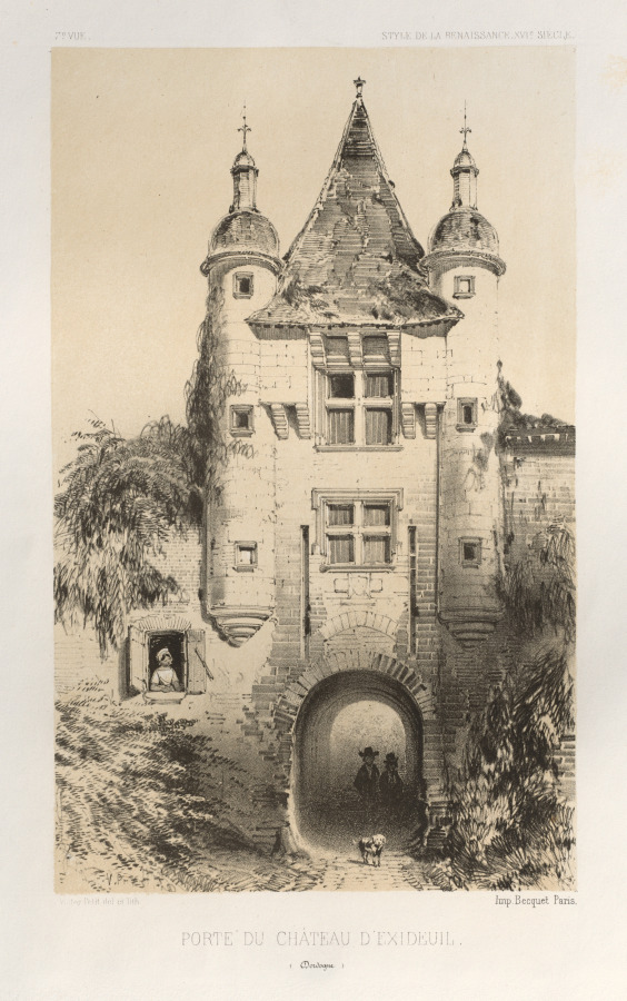 Victor Petit — Architecture Pittoresque ou Monuments des xveme. Et xvieme. Siecles: Chateaux De France des XV et XVI Siecles: Pl.7, Porte du Chateau d'Exideuil (Dordogne)