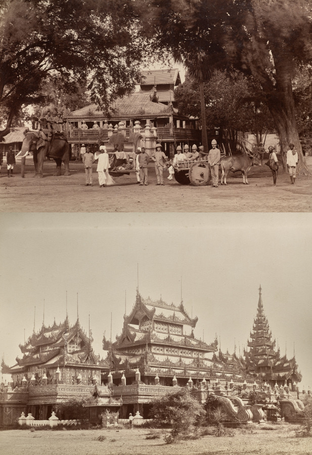 Unknown Artist — Untitled: (British soldiers, man on palequin, and indigenous workers); (ornate buildings, verso)