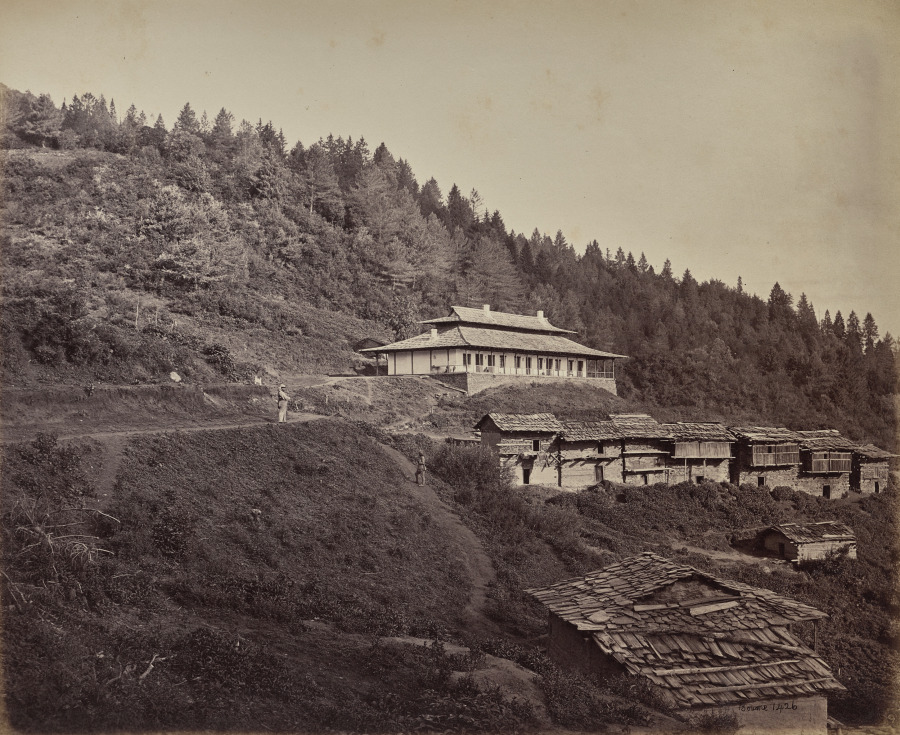 Samuel Bourne — The Upper Himmalayahs. Village of Harkundu with Traveller's Bungalow in Rest-House