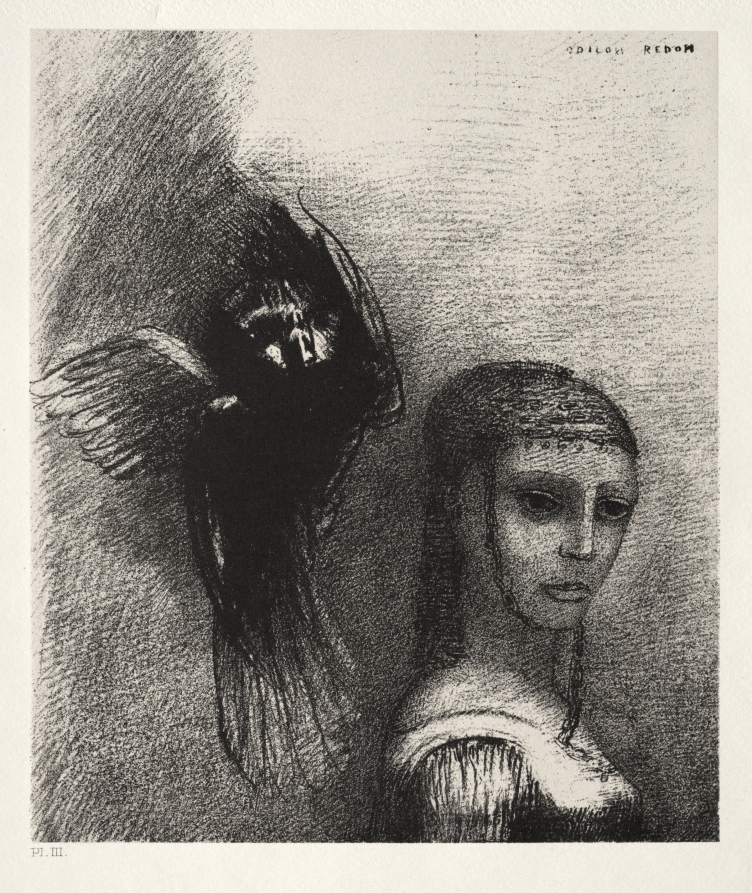 Odilon Redon — And a Large Bird, Descending from the Sky, Hurls Itself against the Topmost Point of Her Hair