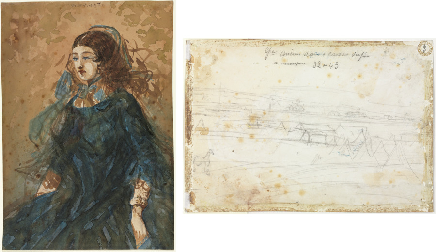 Constantin Guys — Woman in a Blue Dress (recto); War Encampment Scene (verso)