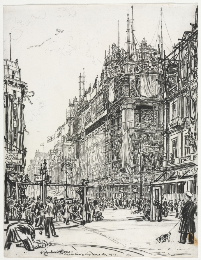 Muirhead Bone — Selfridges, Oxford Street; Coronation of George VI