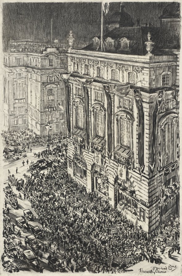 Muirhead Bone — Piccadilly Circus, Eve of the Coronation of George VI