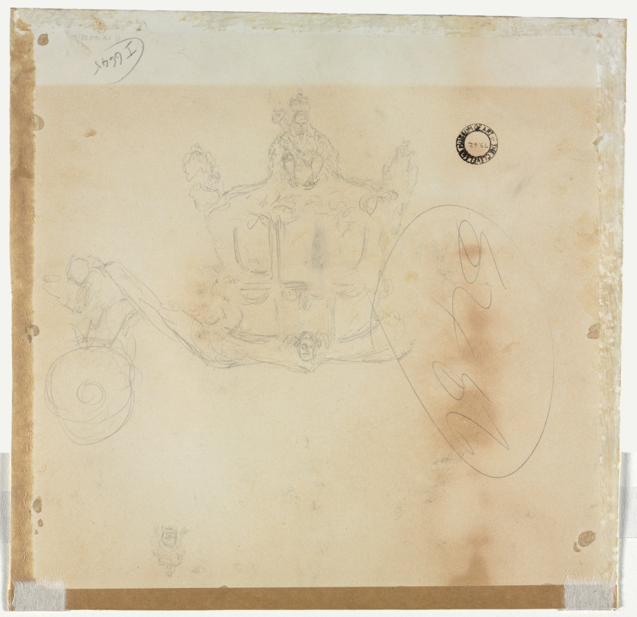 Edward Tennyson Reed — Study for Cab and Front Left Wheel of Coach and Study for Head of Crowned Figure Seated on Top of Coach (verso)