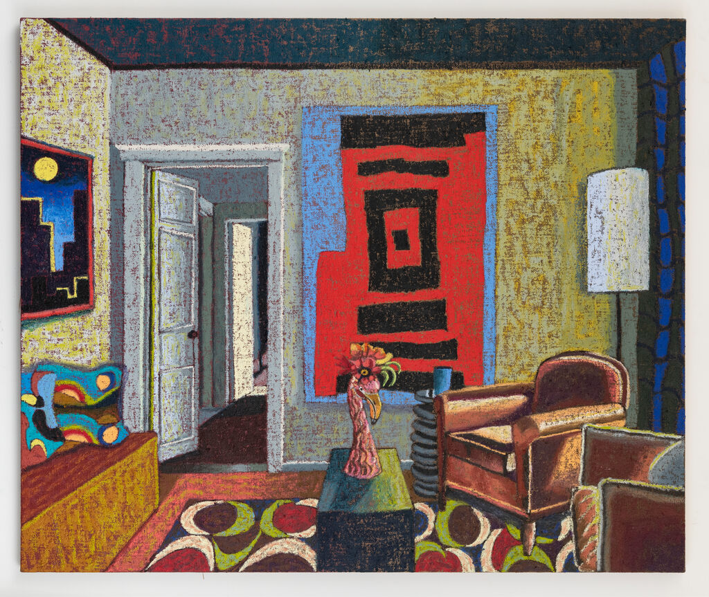 JJ Manford — Interior with Gees Bend Quilt & Flamingo Vase