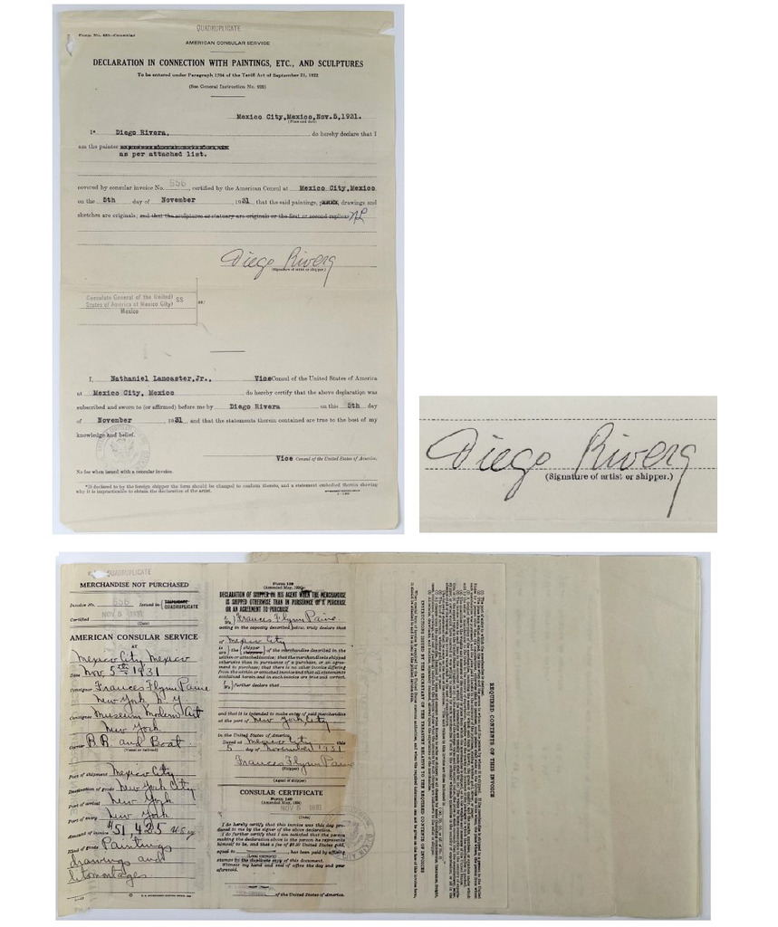 Diego Rivera — "Diego Rivera's SIGNED MoMA Exhibition Shipping/Inventory Contract", 1931, Museum Modern Art NY, Fourteen Pages, Mexico City Mexico.