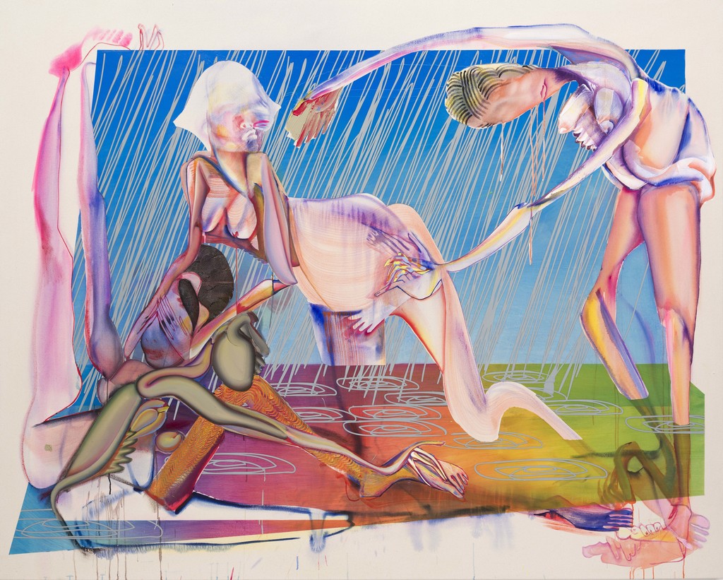 Christina Quarles — Pried Prayed (Hard Rain Gon' Come), 2020, Acrylic on Canvas 195.6x243.8x5.1cm